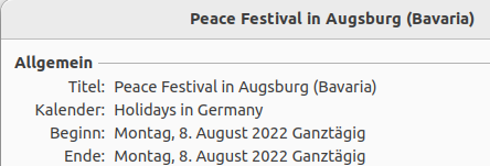 Eintrag im Unternehmensfeiertagskalender des Augsburger Friedensfestes